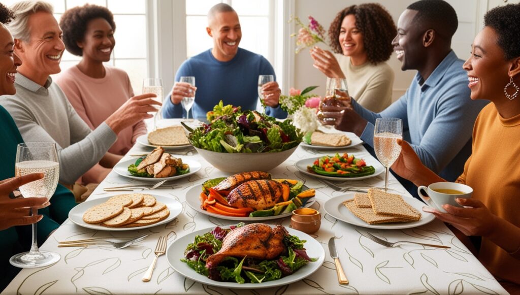 A table setting for a gluten-free meal at a social gathering, with gluten-free dishes