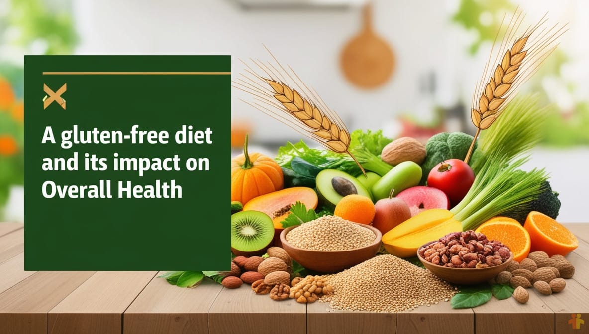 An artistic display of a gluten-free lifestyle featuring a colorful assortment of naturally gluten-free foods, including fresh fruits, vegetables, quinoa, and nuts, arranged on a wooden table. A crossed-out wheat stalk symbol subtly emphasizes the gluten-free theme. The background shows a softly blurred, bright kitchen or garden scene, with natural lighting and earthy tones conveying health, freshness, and vitality.