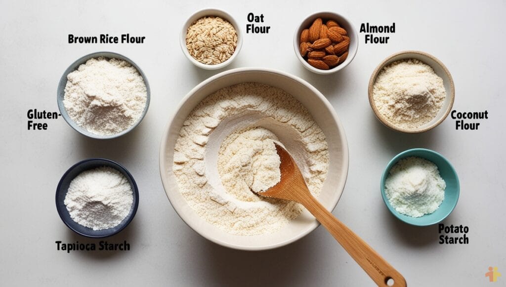 Gluten-Free Flour Blend for Perfect Baking An assortment of gluten-free flours, including brown rice flour, oat flour, almond flour, coconut flour, potato starch, and tapioca starch, arranged in bowls with a wooden spoon in a mixing bowl.