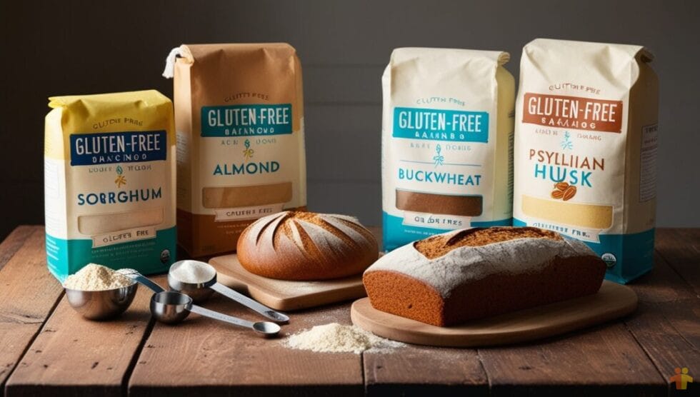 A rustic wooden table displaying gluten-free baking essentials, including sorghum, almond, buckwheat, and psyllium husk flours, along with two freshly baked loaves of gluten-free bread and measuring spoons filled with flour.