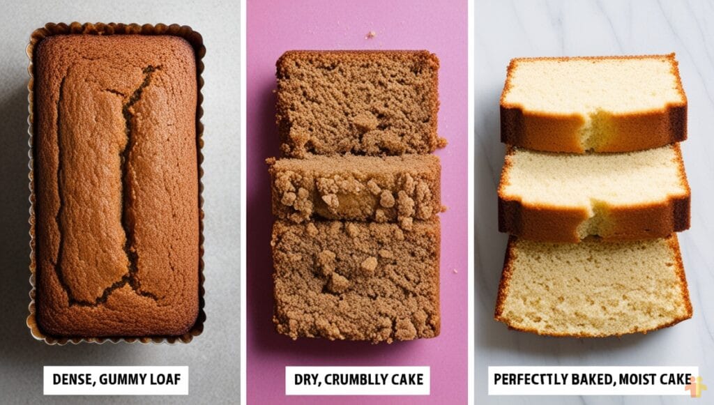 Comparison of Common Gluten-Free Baking Results A comparison of three baked goods showing a dense and gummy loaf, a dry and crumbly cake, and a perfectly baked, moist cake.