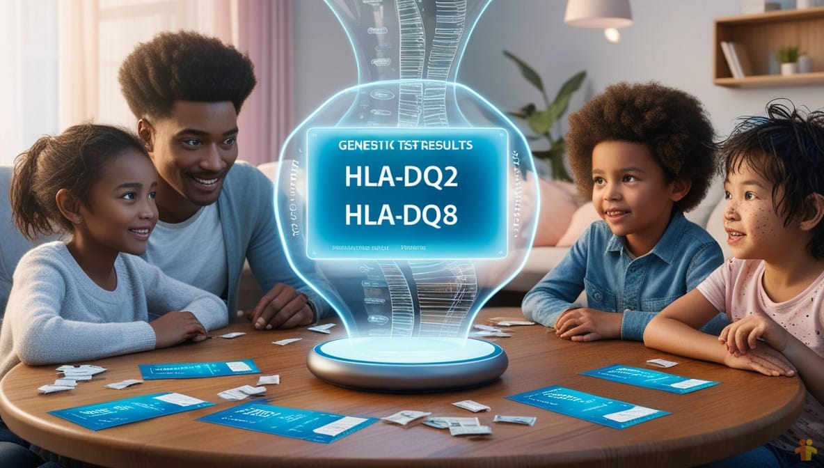 A futuristic family setting where a holographic display shows genetic test results for HLA-DQ2 and HLA-DQ8, key genetic markers for Celiac disease. The family appears engaged and curious, sitting around a table with genetic test cards.