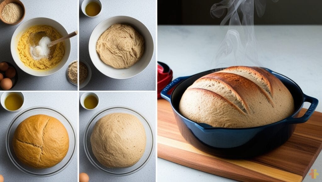 Step-by-Step Artisan Bread Making Step-by-step process of making artisan bread, starting with a mixing bowl of ingredients, followed by kneaded dough, proofed dough in a bowl, and finally a freshly baked loaf in a blue Dutch oven.