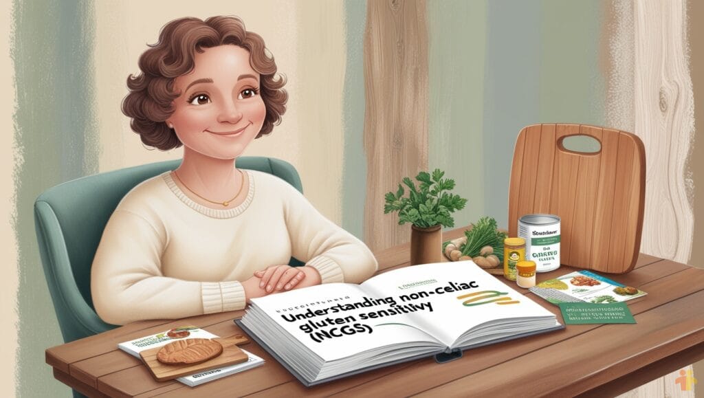 A person sitting at a table with an open book titled "Understanding non-celiac gluten sensitivity (NCGS)" surrounded by gluten-free food products and a cutting board.