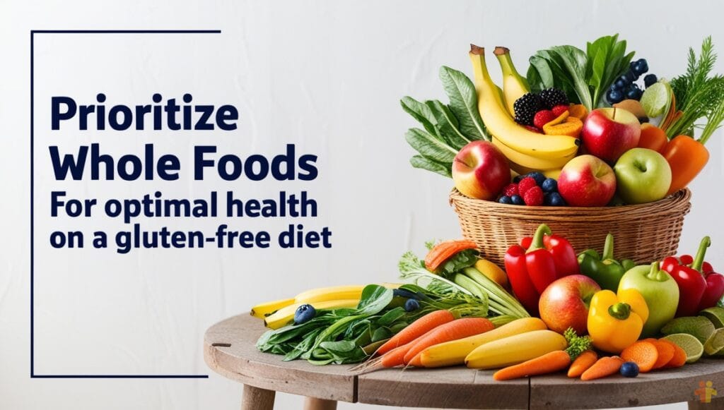 Prioritizing Whole Foods for a Gluten-Free Diet A basket filled with fresh fruits and vegetables such as bananas, apples, bell peppers, and leafy greens on a wooden table, accompanied by the text "Prioritize Whole Foods For optimal health on a gluten-free diet" in bold letters.