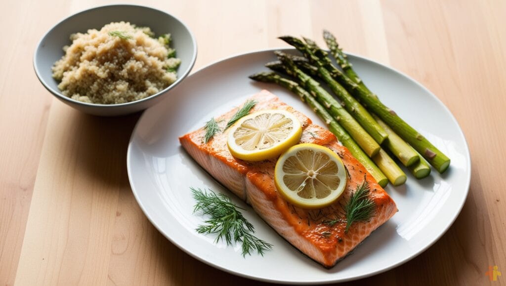 A perfectly baked salmon fillet with lemon slices, roasted asparagus, and a side of quinoa, served on a white plate.