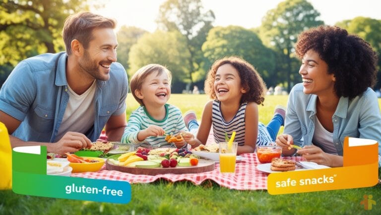 A cheerful family enjoying a gluten-free picnic in a park, featuring safe and healthy snack options for kids and adults.
