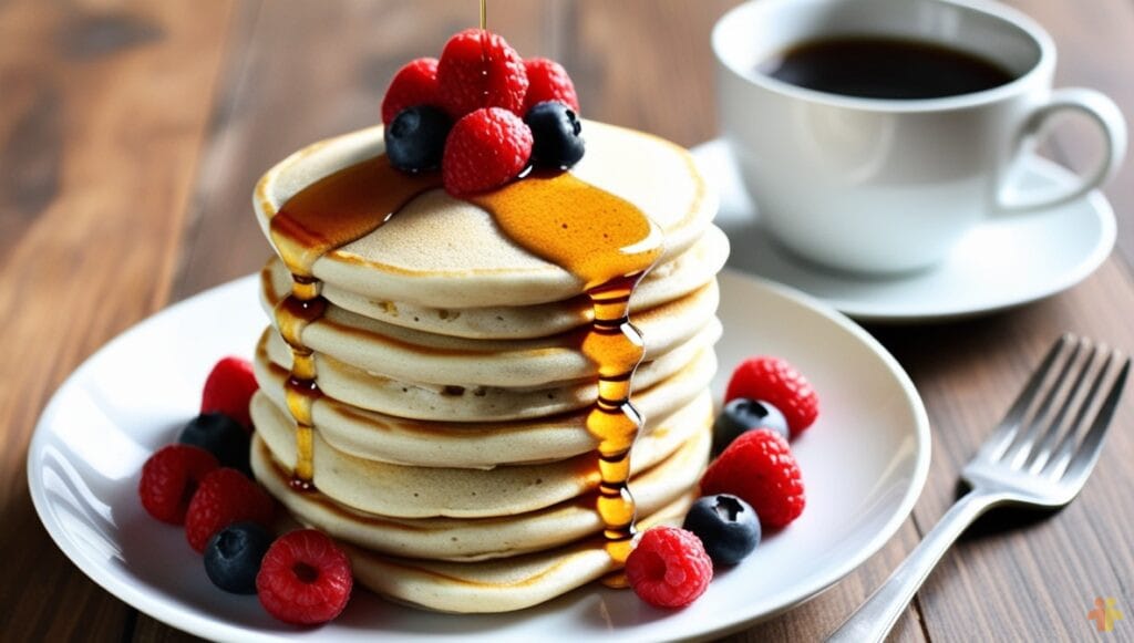 A tall stack of fluffy gluten-free pancakes topped with fresh raspberries and blueberries, drizzled with golden maple syrup, and served with a cup of coffee on a rustic wooden table.