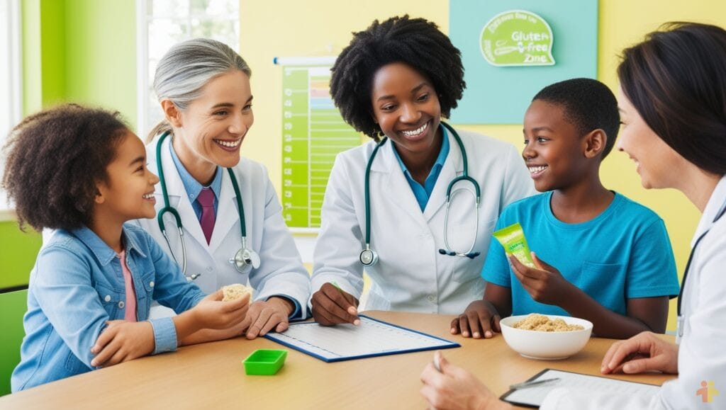 Friendly pediatricians and dietitians consulting with children about gluten-free diets and healthy eating options.