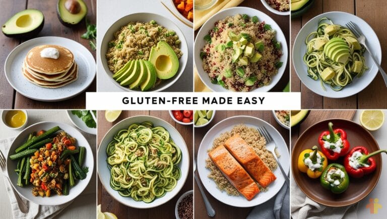 A collage showcasing gluten-free recipes including pancakes, quinoa bowls, zucchini noodles, grilled salmon, and stuffed bell peppers.