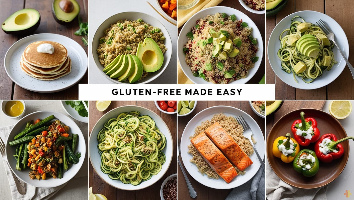 A collage showcasing gluten-free recipes including pancakes, quinoa bowls, zucchini noodles, grilled salmon, and stuffed bell peppers.