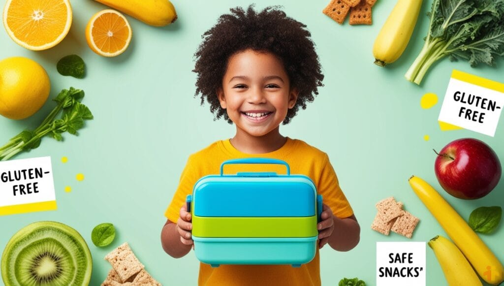 Smiling child holding a colorful lunchbox surrounded by gluten-free snacks, fruits, and vegetables.