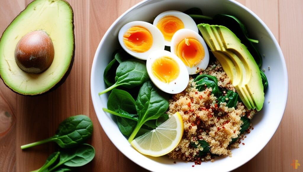 A nutritious quinoa breakfast bowl with sliced avocado, soft-boiled eggs, fresh spinach, and a lemon wedge, served on a wooden table for a healthy start to the day.
