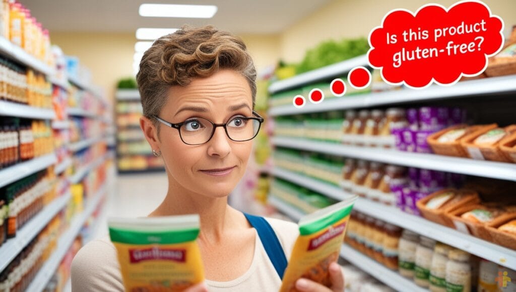Checking Labels for Gluten-Free Products. A woman with short hair and glasses is standing in a grocery store aisle, carefully examining food packages. A thought bubble above her head reads, "Is this product gluten-free?