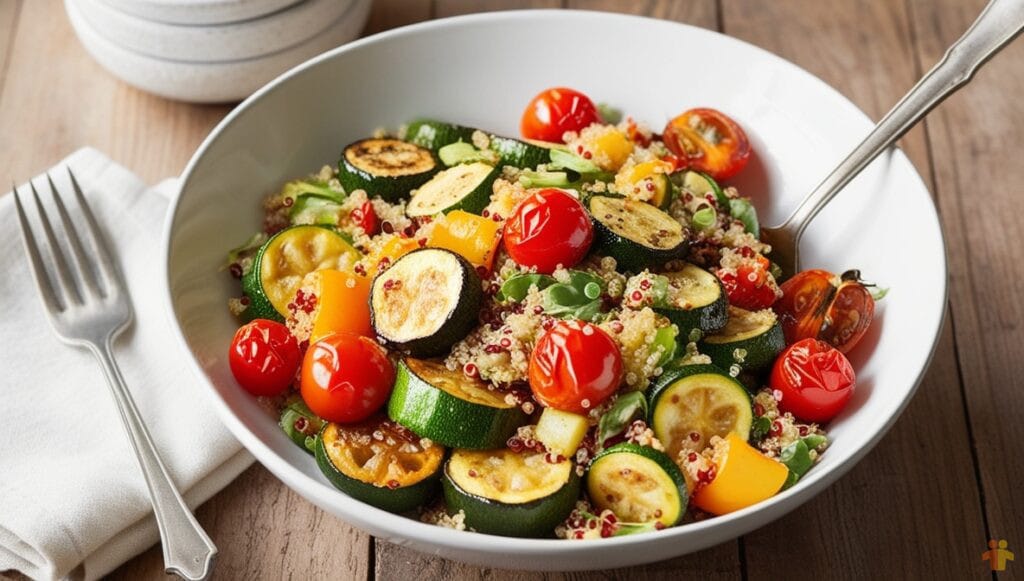 A vibrant quinoa salad with roasted zucchini, cherry tomatoes, and bell peppers, served in a white bowl on a rustic wooden table.