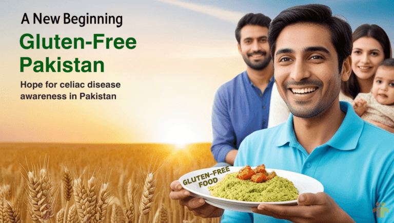 A happy man holding a plate of gluten-free food, with a supportive family in the background, promoting celiac disease awareness in Pakistan.
